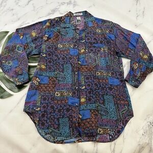 Punch Womens Vintage 90s Silk Oversize Shirt Size M Purple Blue Abstract Floral